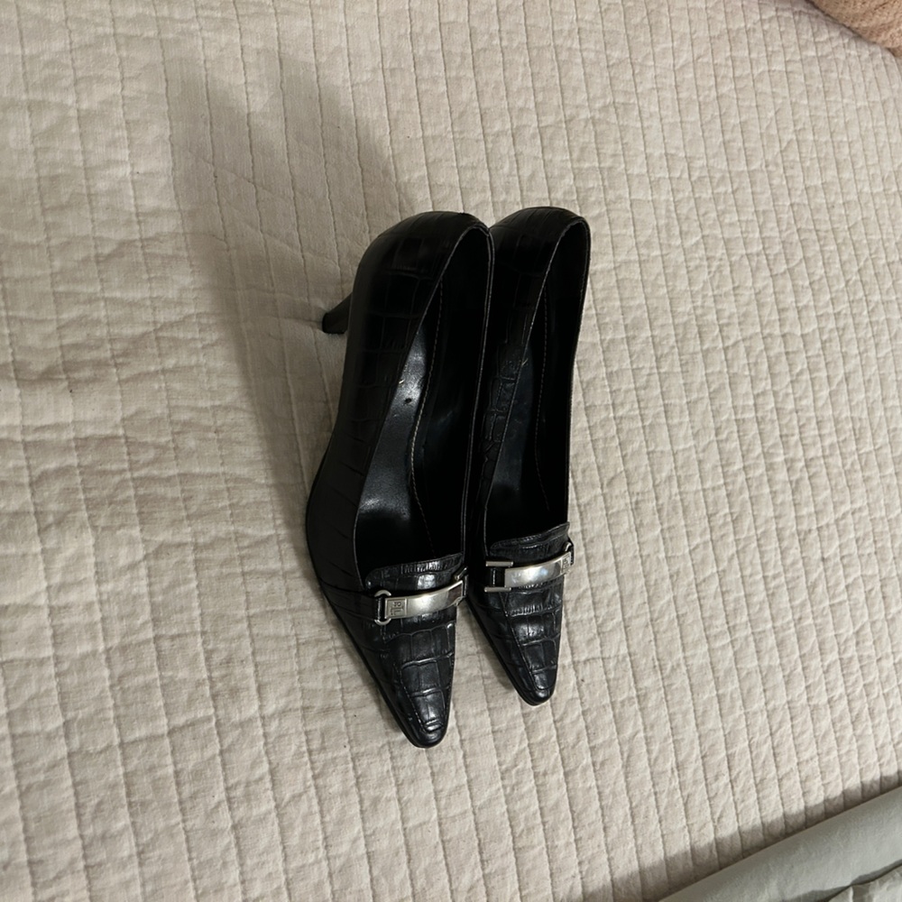 Ralph Lauren 3”black leather heels, silver bar. V good condition, little wear.